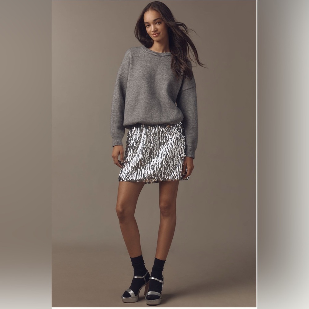 Anthropologie Gray Sweater and Silver Sequin Mini Skirt